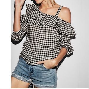 Express 👚Gingham Asym.
One Shoulder Ruffle Top-Sz(M)(Buy Now Only)No Offers